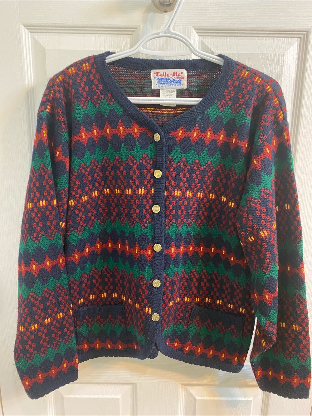 Vintage 90s Tally Ho Gold Button Multi Colour Cardigan Size XL Cottagecore Cabin